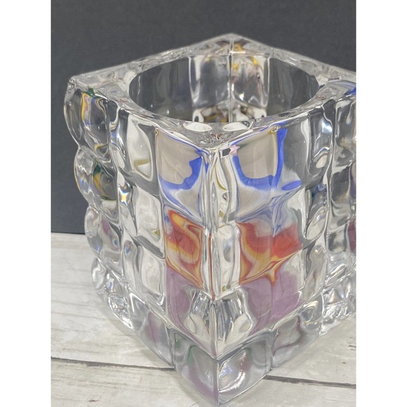Unbranded Other - Square Cut Bubble Glass Votive Crystal Candle Holder With Colorful Swirl Candle